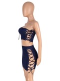 Women Summer Blue Sexy Strapless Sleeveless High Waist Solid Denim Lace Up Regular MiniTwo Piece Skirt Set