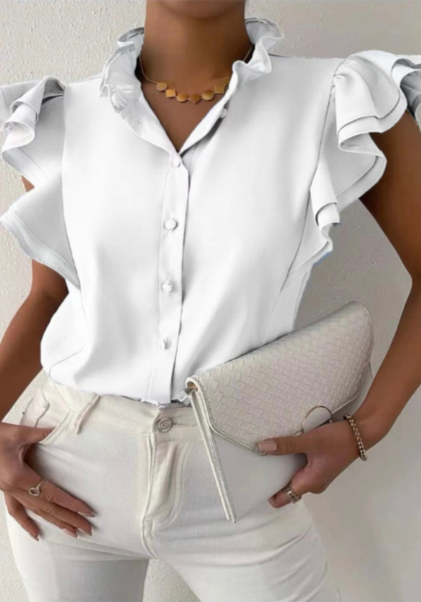 Women Spring White Sweet Turtleneck Solid Cascading Ruffle Regular Shirt