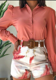 Women Spring Pink Formal Turn-down Collar Full Sleeves High Waist Floral Print Belted Regular Two Piece Shorts Set