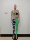 Women Green Halter Backless Floral Print Lace Up Two Piece Swimwear