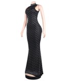 Women Summer Black Vintage Turtleneck Sleeveless Diamonds Maxi Dress