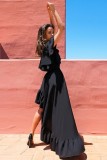 Women Summer Black Vintage Slash Neck Short Sleeves Solid Cascading Ruffle Maxi Dress