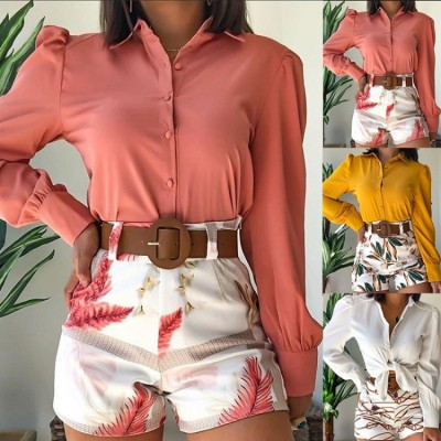 Women Spring Yellow Formal Turn-down Collar Full Sleeves High Waist Floral Print Belted Regular Two Piece Shorts Set