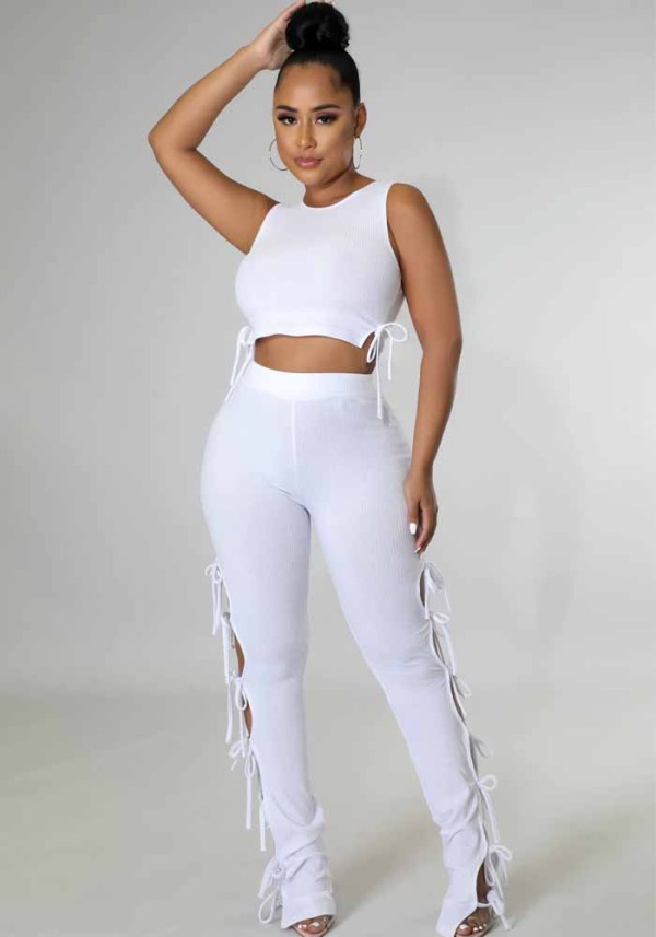 Women Spring White Sports Halter Sleeveless High Waist Solid Lace Up Skinny Two Piece Pants Set
