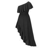 Women Summer Black Vintage Slash Neck Short Sleeves Solid Cascading Ruffle Maxi Dress