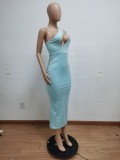 Women Summer Blue Modest Slash Neck Sleeveless Solid Hollow Out Maxi Dress