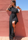 Women Summer Black Vintage Slash Neck Short Sleeves Solid Cascading Ruffle Maxi Dress