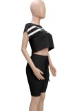 Women Summer Black Casual O-Neck Short Sleeves High Waist Striped Print Regular Two Piece Shorts Set