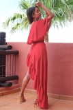 Women Summer Red Vintage Slash Neck Short Sleeves Solid Cascading Ruffle Maxi Dress