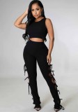 Women Spring Black Sports Halter Sleeveless High Waist Solid Lace Up Skinny Two Piece Pants Set