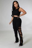 Women Spring Black Sports Halter Sleeveless High Waist Solid Lace Up Skinny Two Piece Pants Set