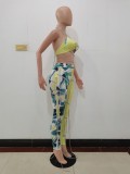 Women Yellow Halter Backless Floral Print Lace Up Two Piece Swimwear