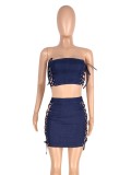 Women Summer Blue Sexy Strapless Sleeveless High Waist Solid Denim Lace Up Regular MiniTwo Piece Skirt Set