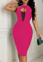 Women Summer Rose Modest Halter Sleeveless Solid Hollow Out Midi Bodycon Dress