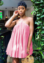 Women Summer Pink Sweet Halter Sleeveless Solid Mini Loose Holiday Dress
