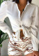 Women Spring White Formal Turn-down Collar Full Sleeves High Waist Printed Belted Regular Two Piece Shorts Set