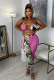 Women Pink Halter Backless Floral Print Lace Up Two Piece Swimwear