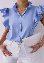 Women Summer Blue Formal Turtleneck Solid Cascading Ruffle Regular Shirt