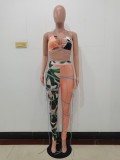 Women Orange Halter Backless Floral Print Lace Up Two Piece Swimwear