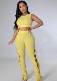 Women Spring Yellow Sports Halter Sleeveless High Waist Solid Lace Up Skinny Two Piece Pants Set