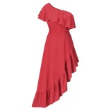 Women Summer Red Vintage Slash Neck Short Sleeves Solid Cascading Ruffle Maxi Dress