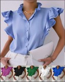 Women Summer Blue Formal Turtleneck Solid Cascading Ruffle Regular Shirt