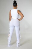 Women Spring White Sports Halter Sleeveless High Waist Solid Lace Up Skinny Two Piece Pants Set