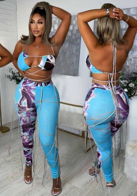 Women Blue Halter Backless Floral Print Lace Up Two Piece Swimwear