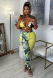 Women Yellow Halter Backless Floral Print Lace Up Two Piece Swimwear