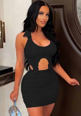 Women Summer Black Sexy Halter Sleeveless High Waist Solid Ruffles Skinny MiniTwo Piece Skirt Set