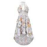 Women Summer White Sweet V-neck Sleeveless Floral Print Cascading Ruffle Midi Asymmetrical Holiday Dress
