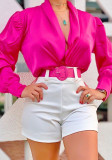 Women Summer Rose Modest V-neck Full Sleeves High Waist Solid Belted Regular Two Piece Shorts Set
