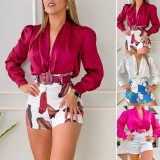 Women Summer Red Modest V-neck Full Sleeves High Waist Floral Print Belted Regular Two Piece Shorts Set