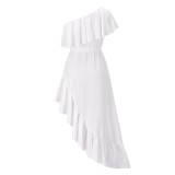 Women Summer White Vintage Slash Neck Short Sleeves Solid Cascading Ruffle Maxi Dress