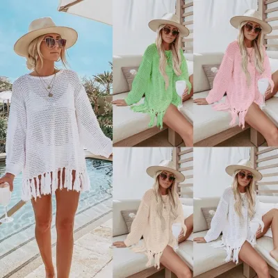 Women Summer Yellow Full Sleeves Crochet Fringed Cover-Up