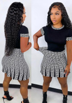 Women Summer Black Casual O-Neck Short Sleeves High Waist Geometric Print Regular MiniTwo Piece Skirt Set