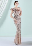 Women Summer Gold Romantic Slash Neck Sleeveless Sequined Wedding Dress