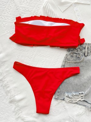 Women Red Ruffle-Strap Strapless Solid Cascading Ruffle Two Piece Swimwear