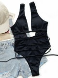 Women Black Halter V-Neck Solid Lace Up One Piece Swimsuit
