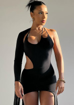 Women Summer Black Sexy Strap Full Sleeves Solid Hollow Out Mini Sheath Club Dress