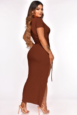 Women Summer Brown Modest O-Neck Short Sleeves Solid Ripped Maxi Dress