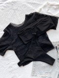 Women Black Cover-Up Round Neck Solid Three Piece Swimwear