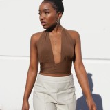 Women Summer Khaki Halter Solid Lace Up Short Tank Tops