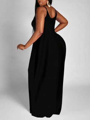 Women Summer Black Casual Halter Sleeveless Letter Print Maxi Loose Plus Size Long Dress