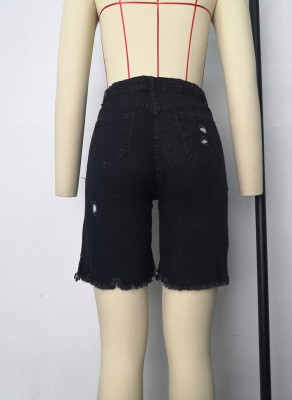 Women Summer Black Straight High Waist Zipper Fly Solid Fringed Short Regular Jeans Shorts
