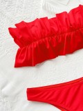 Women Red Ruffle-Strap Strapless Solid Cascading Ruffle Two Piece Swimwear