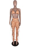 Women Summer Orange Sexy V-neck Sleeveless High Waist Dot Print Lace Up Regular Two Piece Pants Set