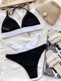 Women Black Bikini V-Neck Color Blocking Two Piece Swimwear