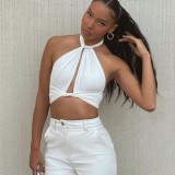 Women Summer White V-neck Solid Lace Up Short Tank Tops