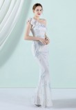 Women Summer White Romantic Slash Neck Sleeveless Sequined Wedding Dress